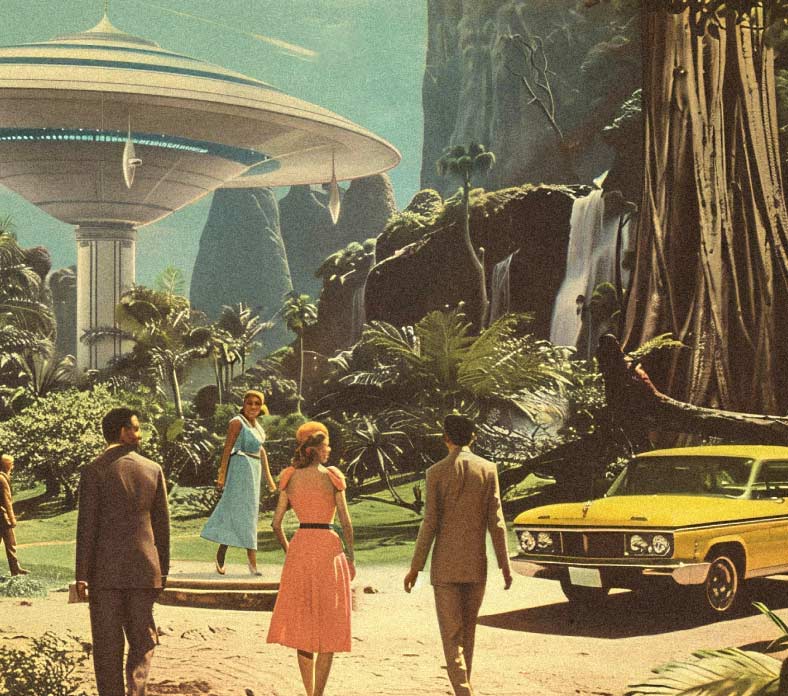 Retro-futuristic scene of well-dressed people approaching a flying saucer-shaped building in a lush jungle with waterfalls and a yellow vintage car