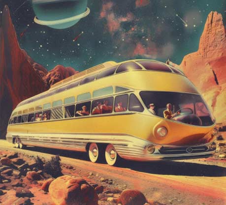 Retro-futuristic illustration of a yellow space-age tour bus driving through a rocky alien desert with passengers onboard and planets visible in the sky