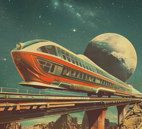 Retro-futuristic illustration of a sleek red passenger train traveling on an elevated track through a rocky alien landscape with a large planet in the background